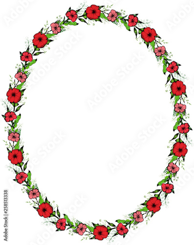 Seamless pattern vertical ellipse frame with flowers and leaves. Design photo, diary pages