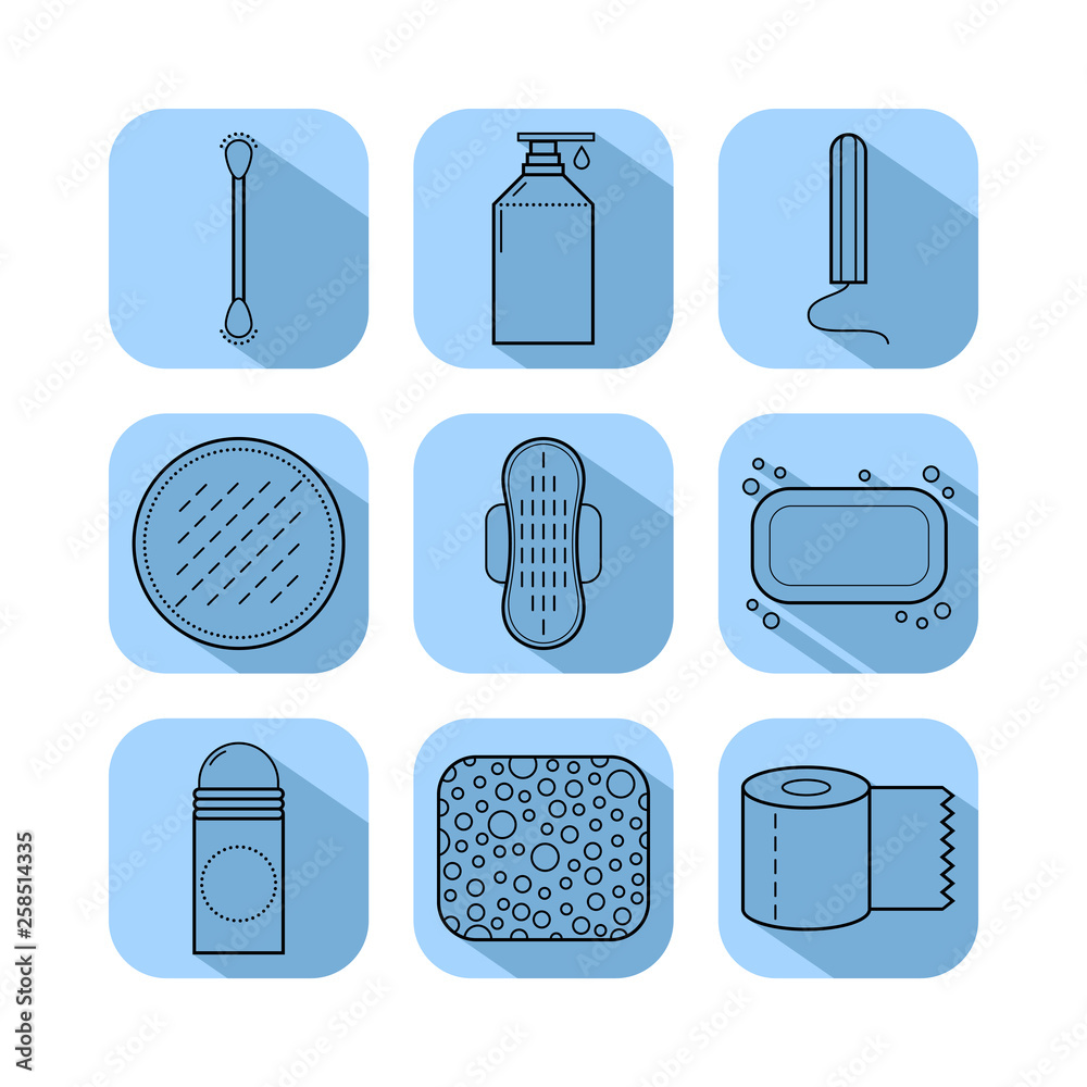 Means of female hygiene. Flat icons. Shower gel, a tampon and a pad. Stock  Vector