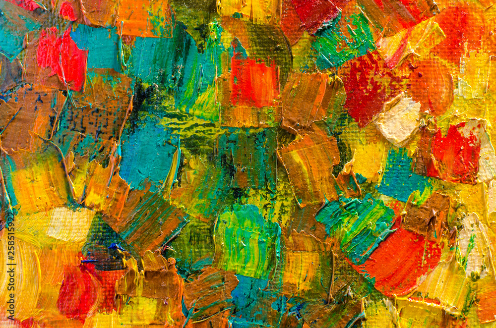 Abstract oil painting on canvas. Oil paint texture. Brush and palette knife strokes. Multi colored background. Close up acrylic paint. Horizontal artwork fragment. 
