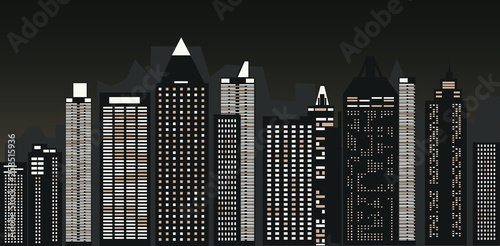 Night cityscape against the background of the night sky . A long city street with lights on. Vector illustration.