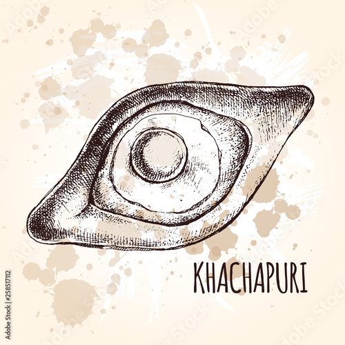 Delicious Georgian pastry khachapuri. Ink hand drawn Vector illustration in vintage style. Food element for menu design.