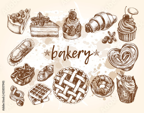 Ink hand drawn set of berry pies, cakes, desserts, pastries. Food elements collection. Vector illustration. Menu or signboard template.