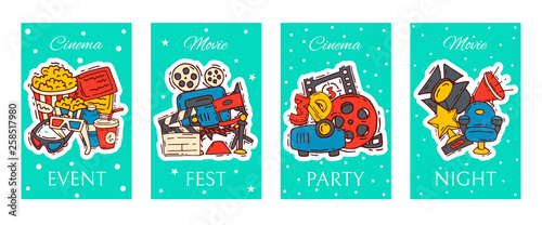 Cinema festival cards media production background vector. Sale ticket banner. Movie time and entertainment concept. Camera cinematography advertising flat illustration.