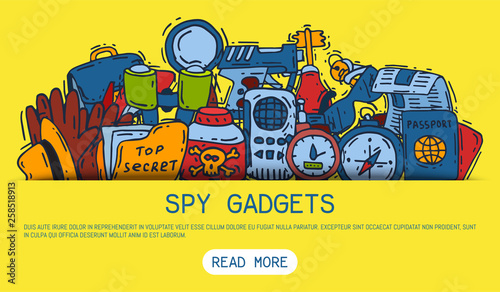 Private detective spy work gadgets magnifier forensic evidence secret documents banner vector illustration. Spying privacy information detective equipment. Professional surveillance work.