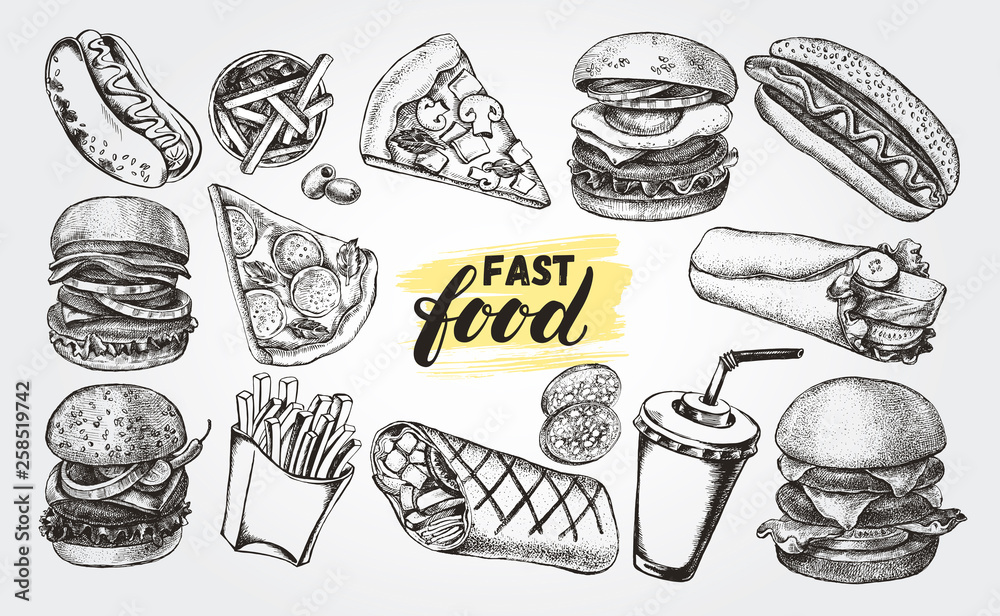 Fototapeta Ręcznie rysowane tuszem zestaw różnych burgerów, hot dogów, burrito, frytek, plasterka pizzy. Kolekcja elementów Fast Food do projektowania menu lub szyldów. Ilustracji wektorowych.