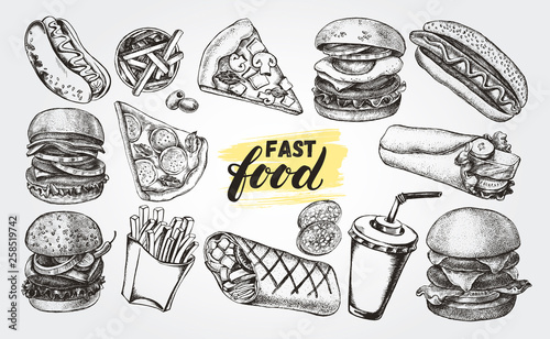 Fototapeta Ręcznie rysowane tuszem zestaw różnych burgerów, hot dogów, burrito, frytek, plasterka pizzy. Kolekcja elementów Fast Food do projektowania menu lub szyldów. Ilustracji wektorowych.