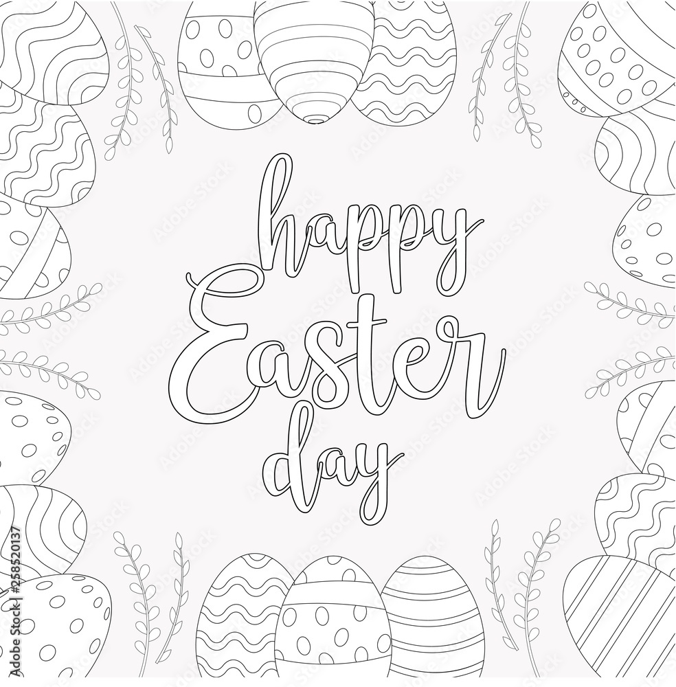 Easter frame with easter eggs hand drawn black on white background 
