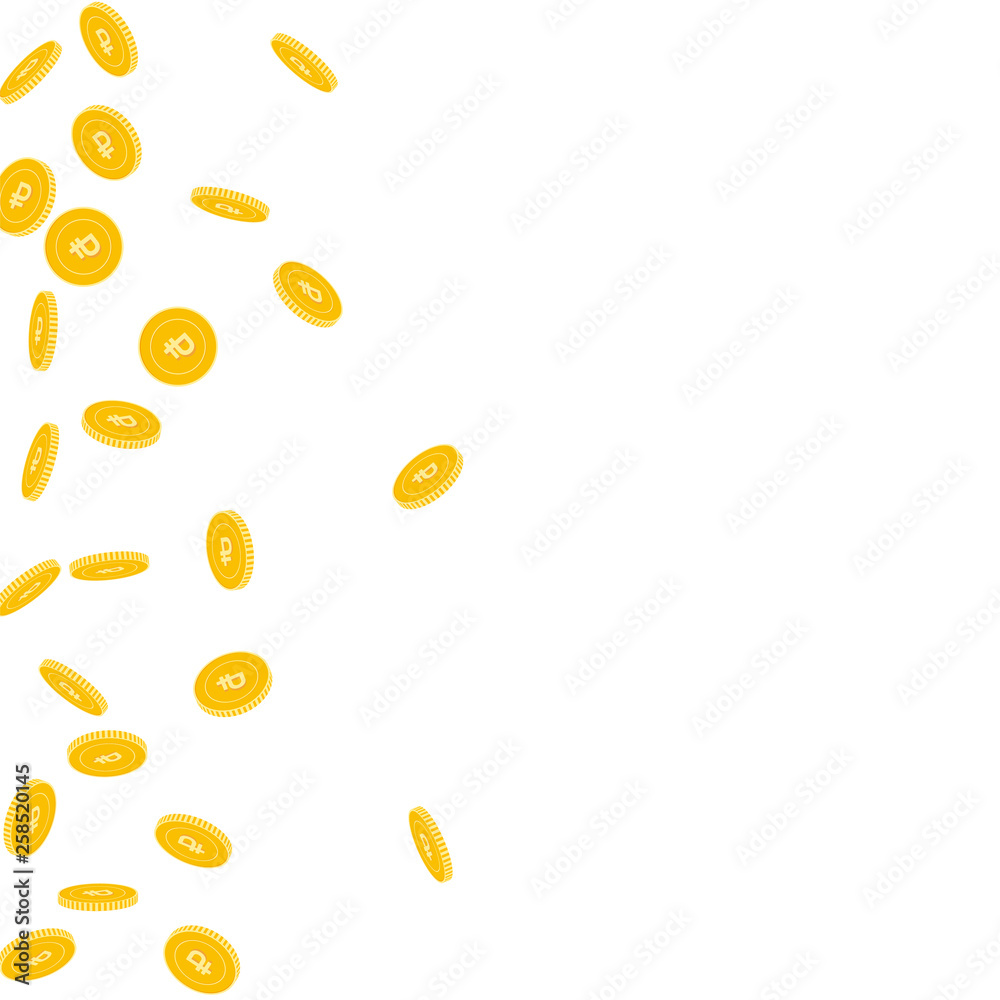 Russian ruble coins falling. Scattered sparse RUB Russian ruble coins falling. Scattered sparse RUB