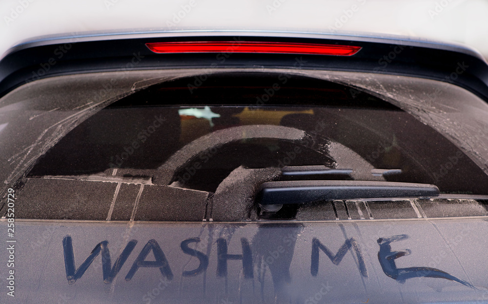 Obraz premium Wash me words on dirty rear car window