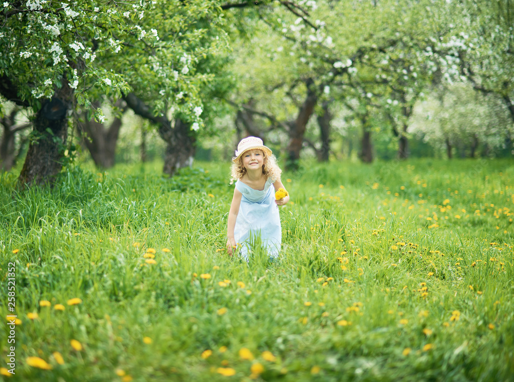Girl collects dandelions bouquet for a wreath in meadow of orhard