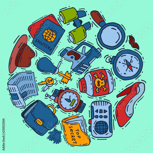 Private detective spy work gadgets magnifier forensic evidence secret documents poster vector illustration. Spying privacy information detective equipment. Professional surveillance work.