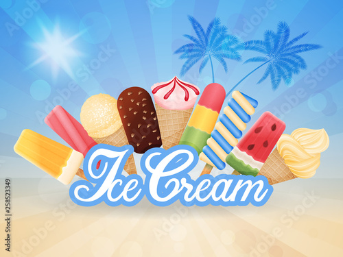 Ice cream illustration with delicious dessert and label on blue background and sandy beach. template for for advertising, cafe and restaurant menus, banners and posters.
