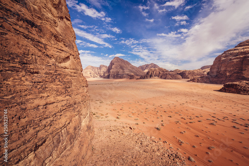 Aerial view from a rocks above so called Lawrence Haouse in Wadi Rum also known as Valley of light or Valley of sand in Jordan