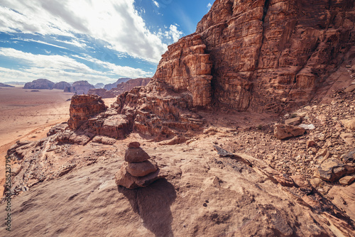 Rocks above Lawrence Haouse in Wadi Rum also known as Valley of light or Valley of sand in Jordan