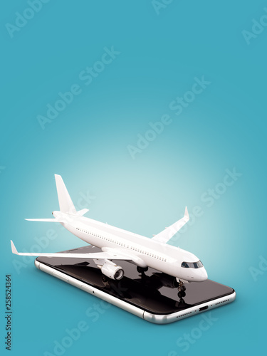 Smartphone application for online searching, buying and booking flights on the internet. Online check-in. Unusual 3D illustration of commercial airplane on smart phone