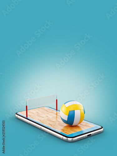 Unusual 3d illustration of a volleyball ball and on court on a smartphone screen. Watching volleyball and betting online concept