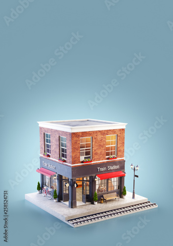 Unusual 3d illustration of a train station building