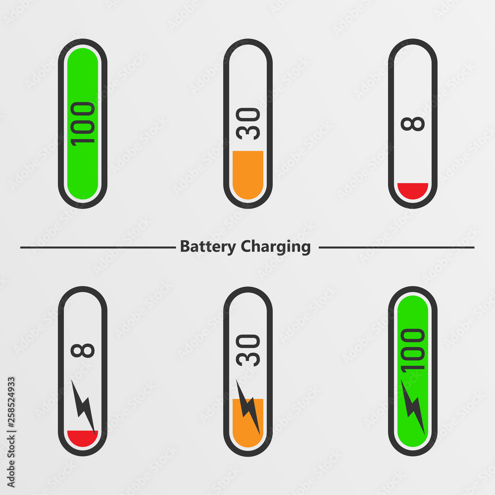 Set of battery charge level indicators. Vector illustration. Set of battery charge level indicators. Vector illustration.