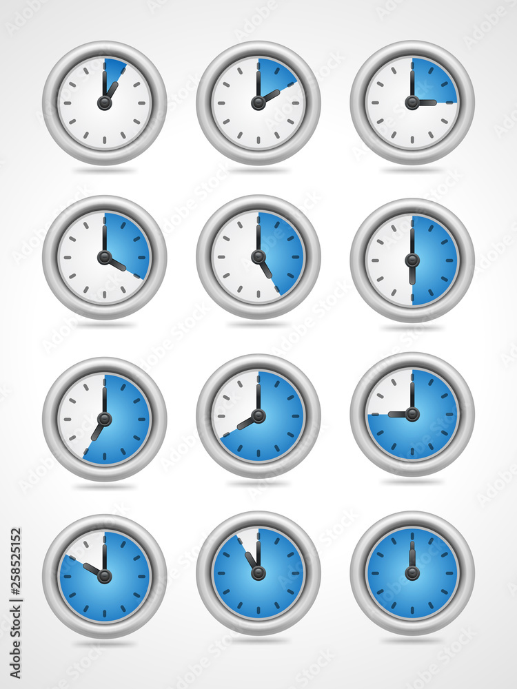 Vector round clock icons set isolated on white background