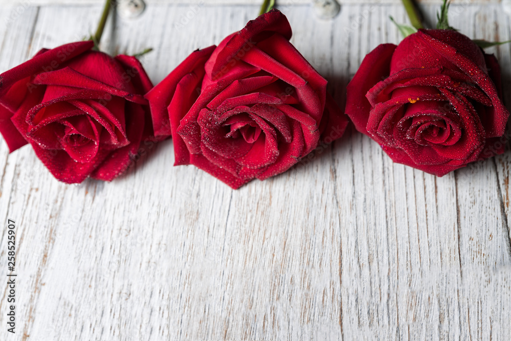 Three Red roses on light wooden background with copy space, top view - Image Three Red roses on light wooden background with copy space, top view - Image