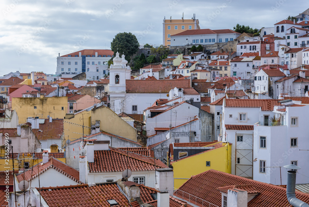 Aerial view on the buildings in Alfama old district of Lisbon, capital city of Portugal