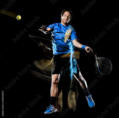 one caucasian tennis player man isolated black background in light painting speed motion © snaptitude
