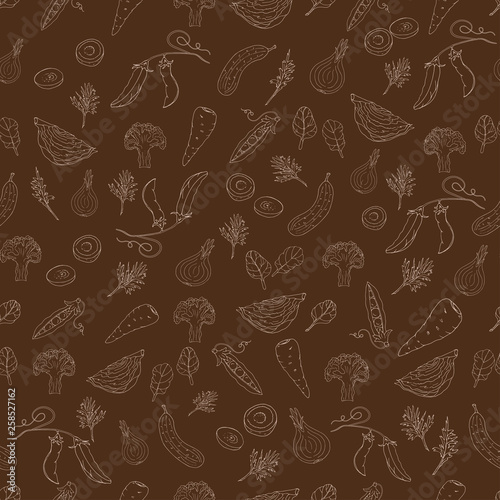 White outline vegetables seamless pattern on brown background. Vector