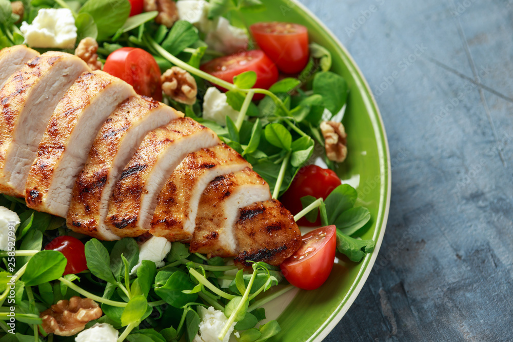 Fresh Grilled Chicken salad with tomatoes, feta cheese Fresh Grilled Chicken salad with tomatoes, feta cheese