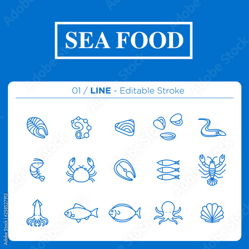 Set of sea food icons in line	