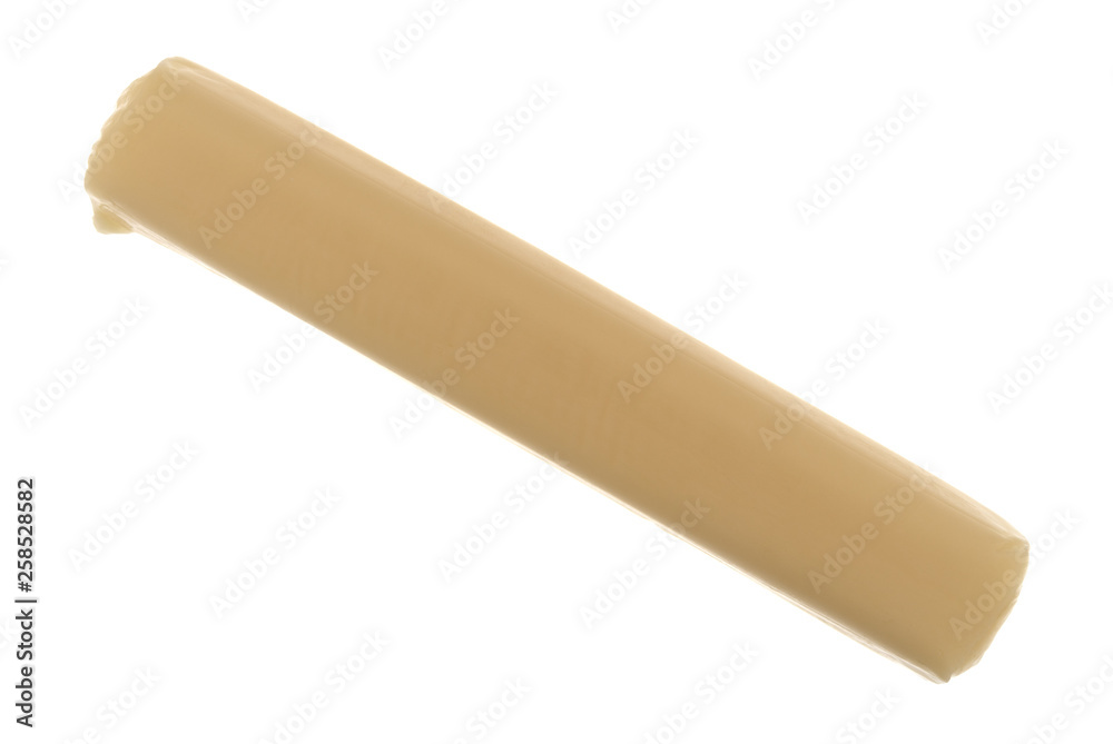 Mozzarella snack string cheese on a white background top view Mozzarella snack string cheese on a white background top view