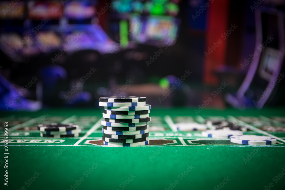 Fototapeta premium Casino element isolation on the colorful, Slot machine, Roulette while, Dice, Casino chip - image