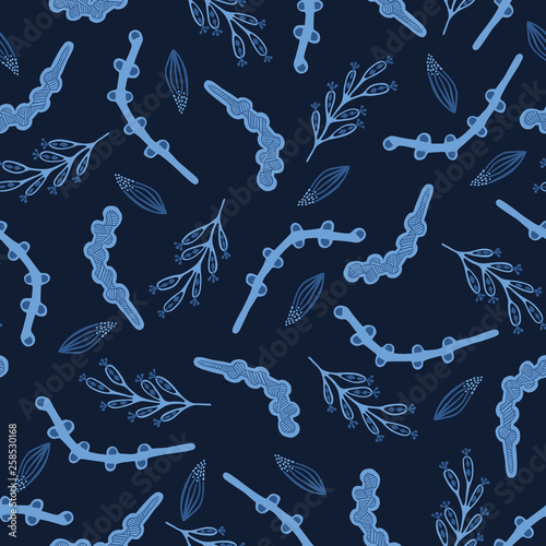 Indigo blue hand painted large scale leaf floral. Vector seamless pattern background. Masculine dyed shirting style. Drawn pretty garden flower seeds. Vintage petal power foliage all over print.  photo