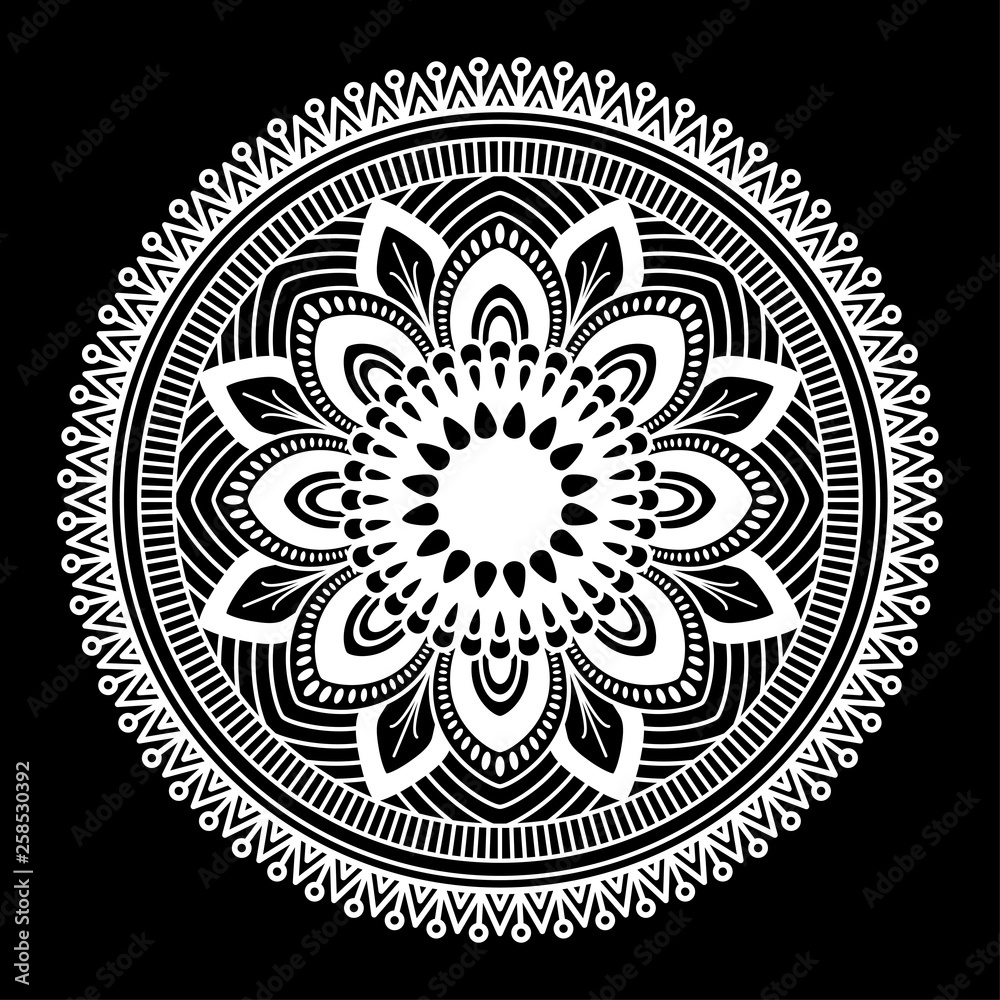 Round mandala for coloring on black background
