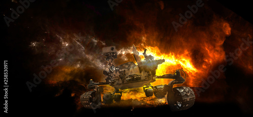 Fototapeta Naklejka Na Ścianę i Meble -  Tank rover in the conflict zone. The war in the Mars. Martian surface in fire and vehicle is moving toward us. Elements of this image furnished by NASA.