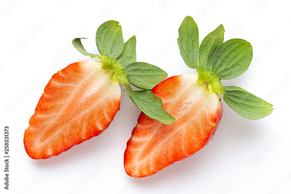 Ripe half strawberry isolated on white background. Ripe half strawberry isolated on white background.
