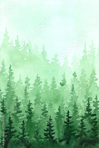 Watercolor hand drawn illustration with forest and mountains. Colorful summer morning in the mountains