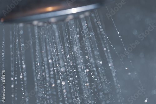 Close up of water running from shower head in the bathroom.