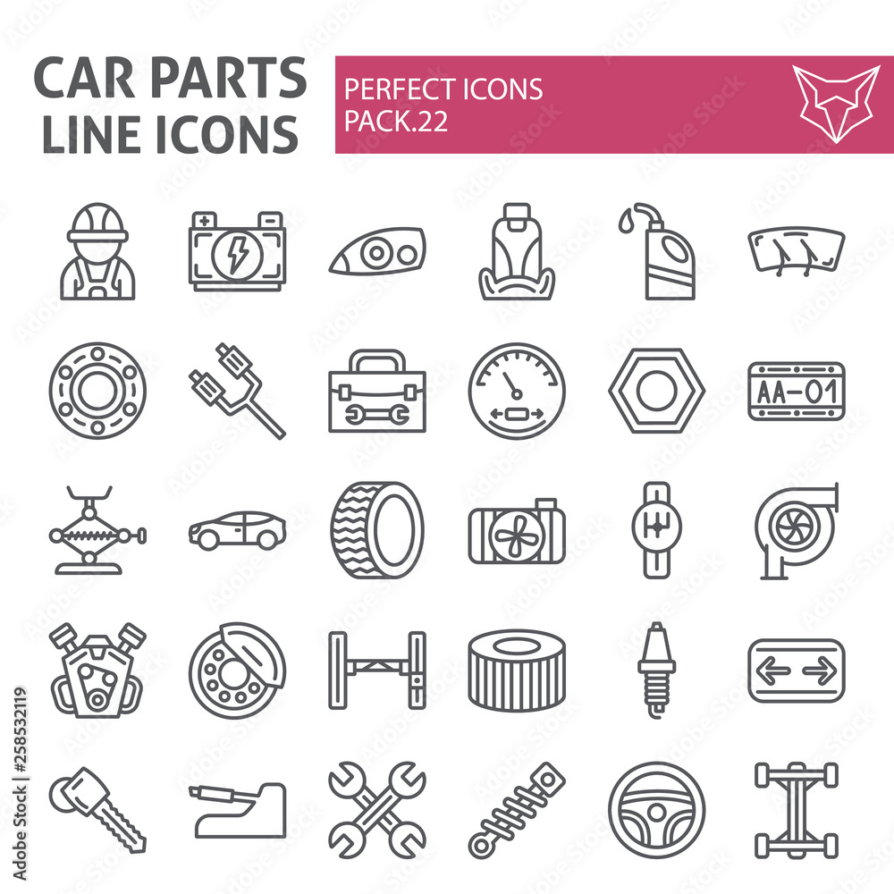 Car parts line icon set, automobile symbols collection, vector sketches, logo illustrations, auto repair signs linear pictograms package isolated on white background.