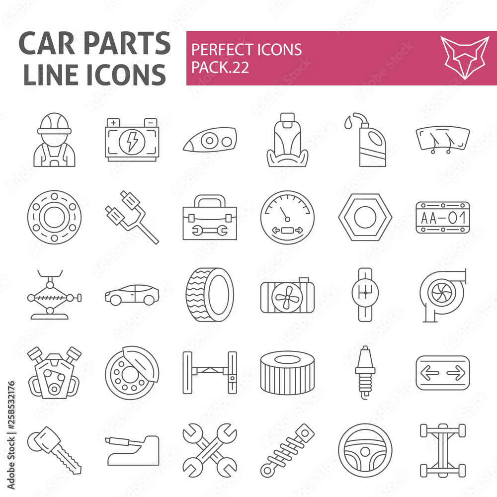 Car parts thin line icon set, automobile symbols collection, vector sketches, logo illustrations, auto repair signs linear pictograms package isolated on white background. Car parts thin line icon set, automobile symbols collection, vector sketches, logo illustrations, auto repair signs linear pictograms package isolated on white background.