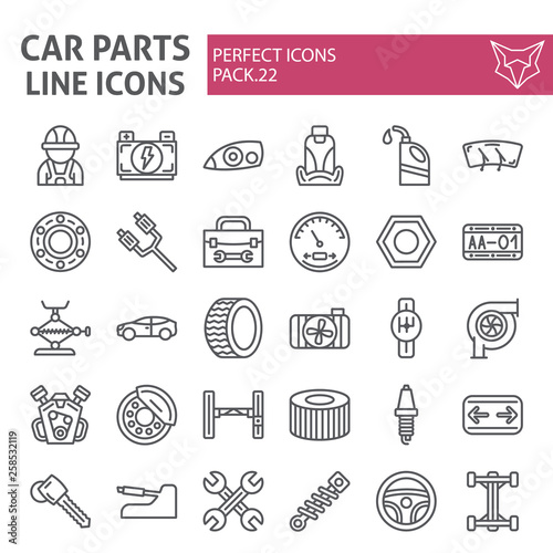 Car parts line icon set, automobile symbols collection, vector sketches, logo illustrations, auto repair signs linear pictograms package isolated on white background.