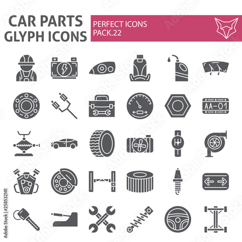 Car parts glyph icon set, automobile symbols collection, vector sketches, logo illustrations, auto repair signs solid pictograms package isolated on white background.