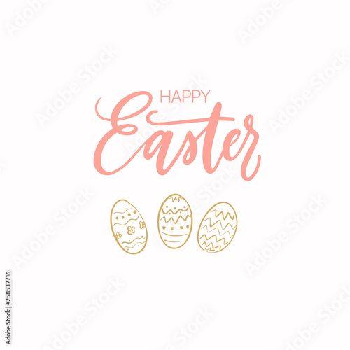 Easter celebration template with handwritten calligraphy and golden eggs illustration.