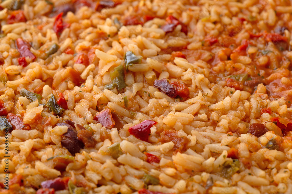Cooked Mexican rice and beans in a skillet close view Cooked Mexican rice and beans in a skillet close view