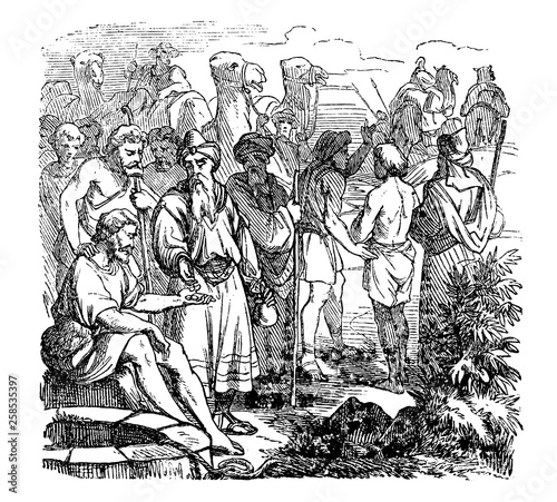 Vintage antique illustration and line drawing or engraving of biblical story about Joseph sold in to slavery by his brothers. From Biblische Geschichte des alten und neuen Testaments, Germany 1859