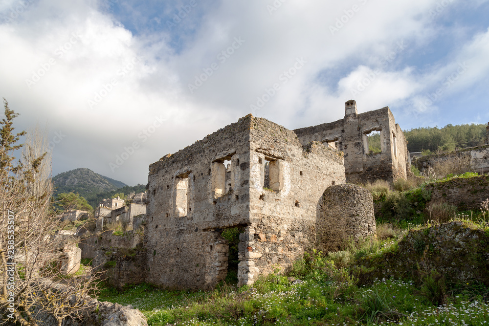 The abandoned Greek Village of Kayakoy, Fethiye, Turkey. Old greek houses, kaya koy near Mediterranean coast.