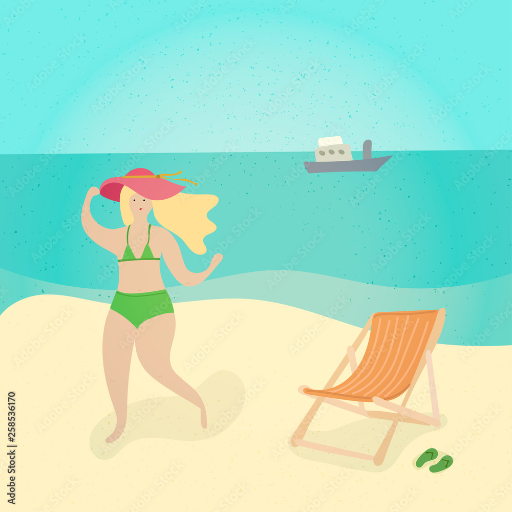 Woman at the beach - cartoon people character isolated illustration. Girl in bikini and red hat standing and takin sun bath near a lounger. Summer time season holiday vacation concept.