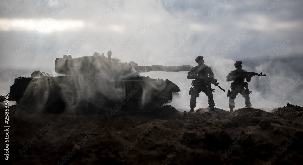 War Concept. Military silhouettes fighting scene on war fog sky ...