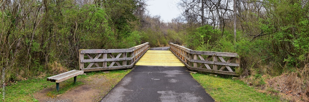 Views of Bridges and Pathways along the Shelby Bottoms Greenway and Natural Area Cumberland River frontage trails, bottomland hardwood forests, open fields, wetlands, and streams, Nashville, Tennessee