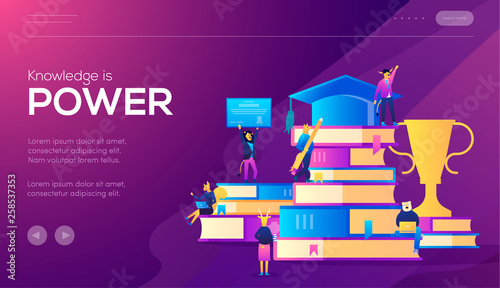 Book library with people. Education and knowledge concept infographics. Landing page template