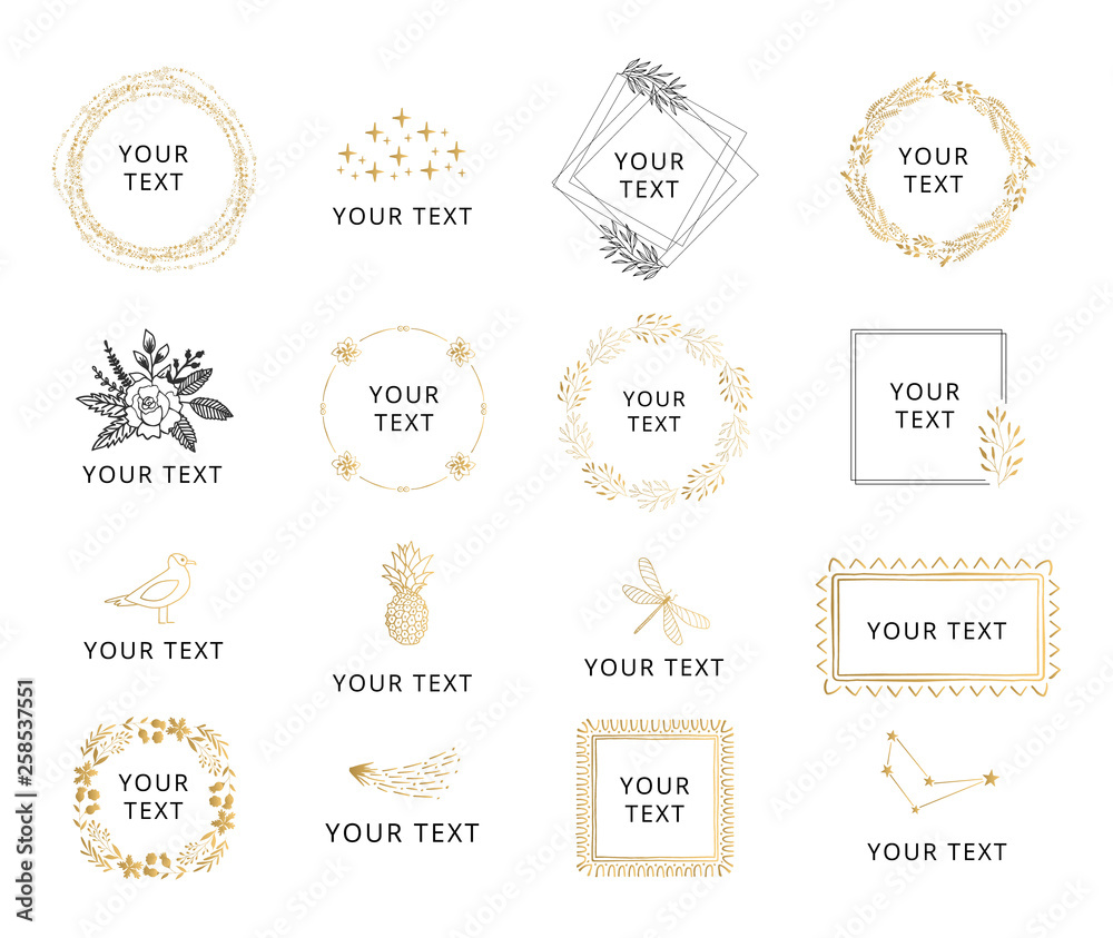 Set of hand drawn wedding designs with gold floral elements. Wreaths and frames for feminine style.